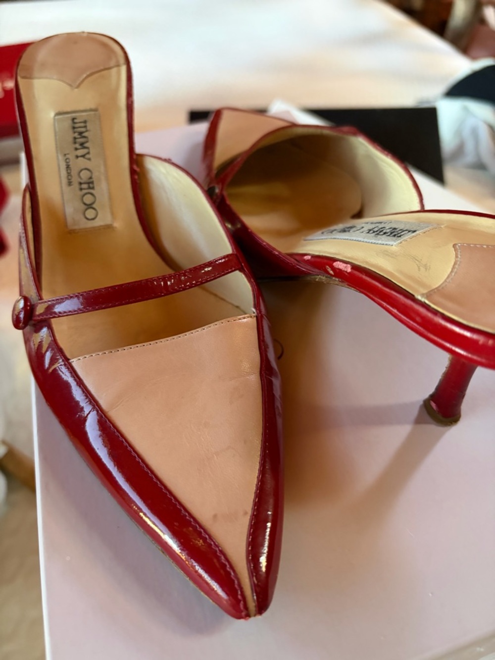 Jimmy Choo Red and Nude Pointed Patent Leather Mules